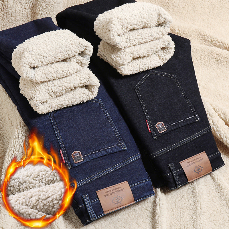 Regular fleece lamb fleece fleece non zip comfortable pants men's business stretch slim straight leg jeans men's style
