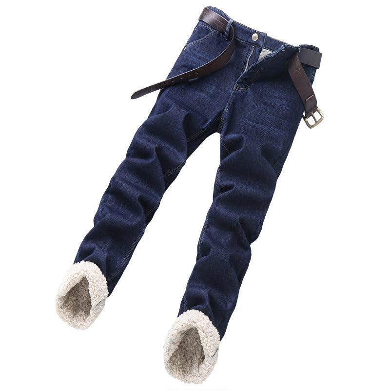 Regular fleece lamb fleece fleece non zip comfortable pants men's business stretch slim straight leg jeans men's style