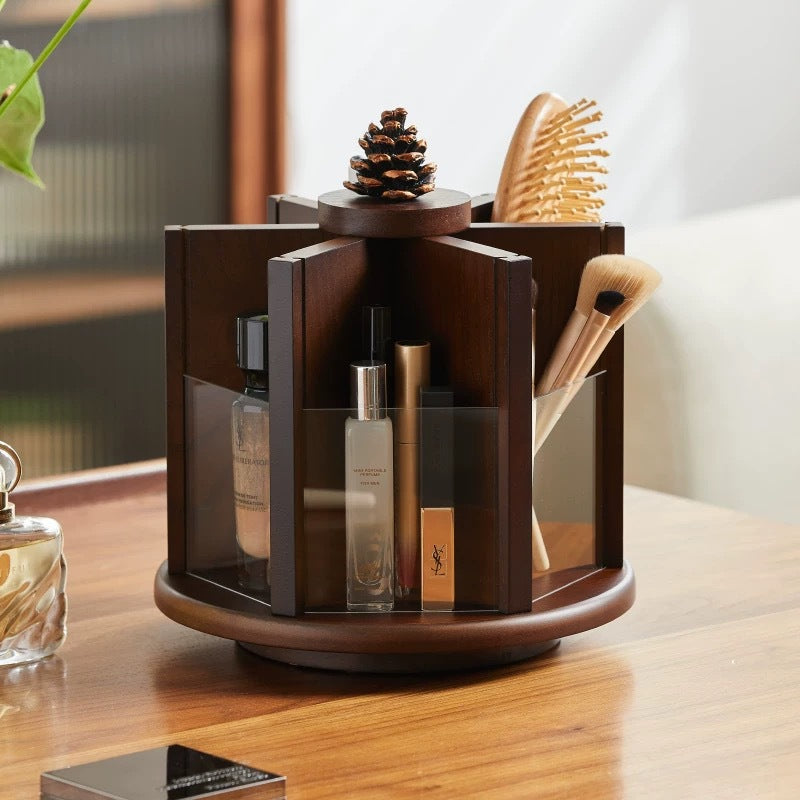 Boîte de rangement en noyer élégante et rétro, organisateur rotatif de cosmétiques et de soins de la peau