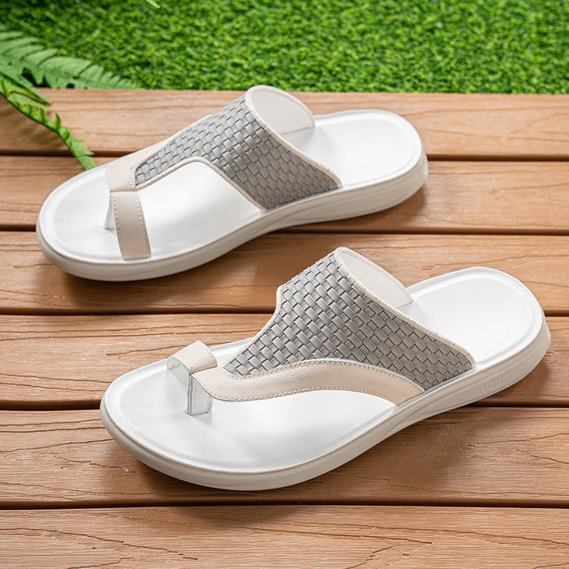 Woven Pattern Men's Slippers Summer Toe-Loop Slip-On Non-Slip Beach