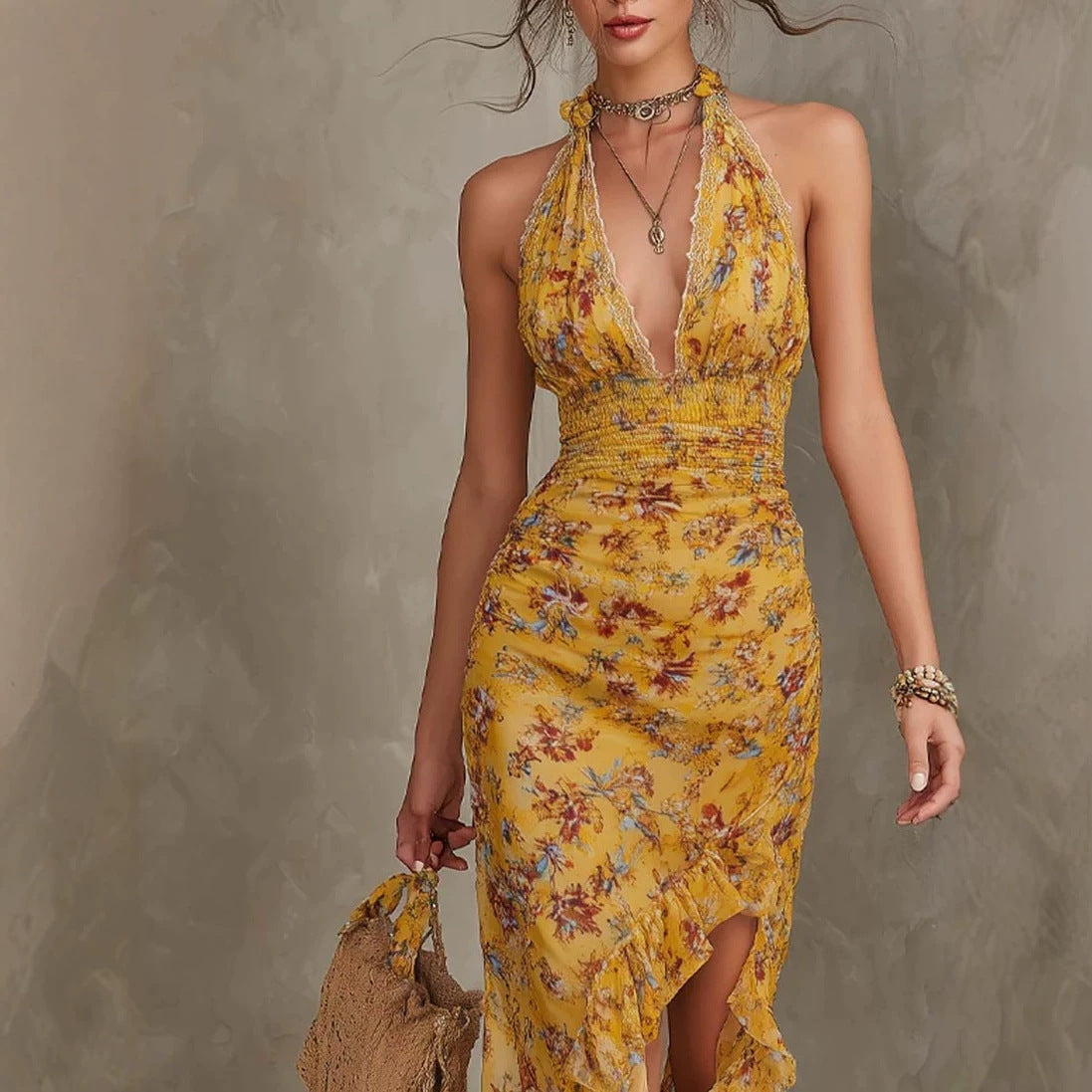 Robe française vintage jaune à fleurs – Encolure haltère, décolleté plongeant, taille ceinturée, fente, volants, coupe affinante et élégante