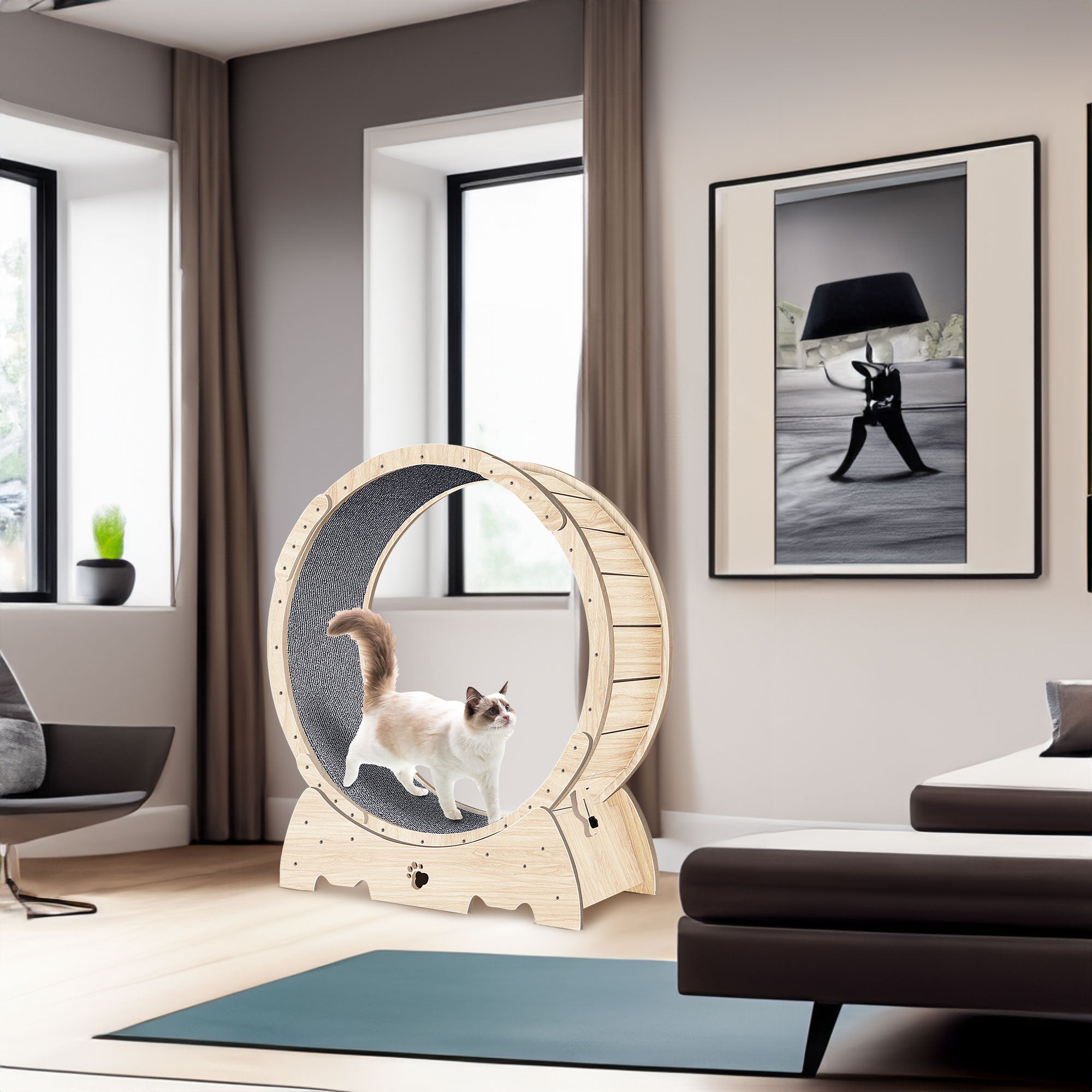 Roue d'exercice pour chats d'intérieur, tapis de course pour chat avec piste moquettée 94 cm - Bois naturel