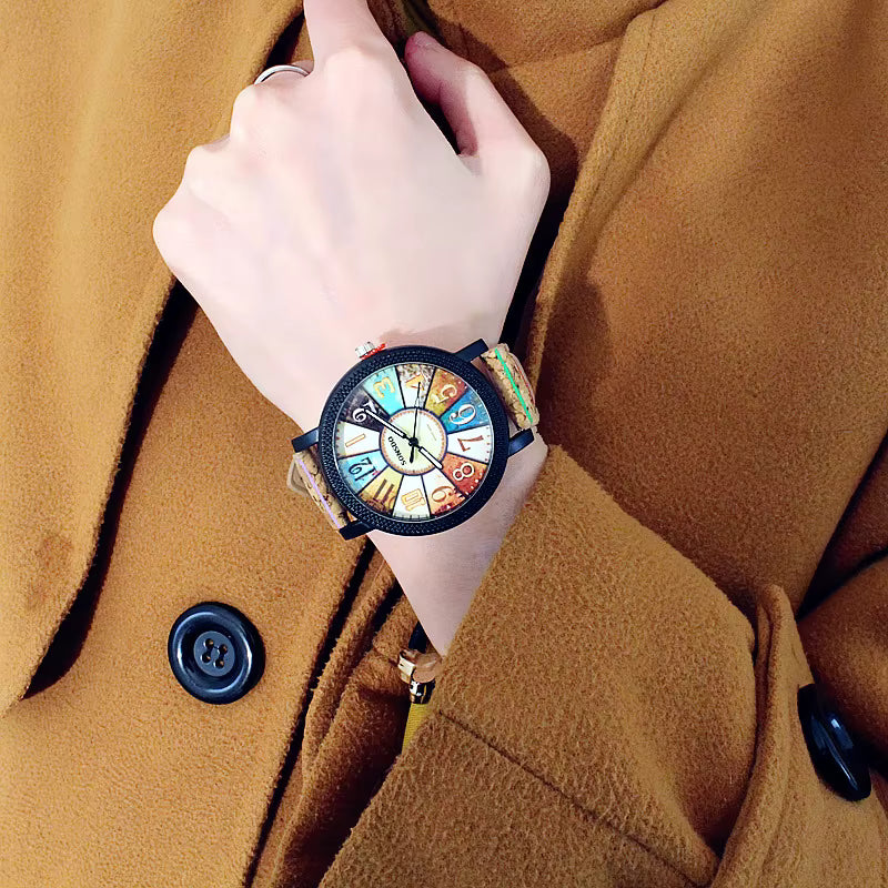 New flower surface wood grain leather Unisex watch quartz