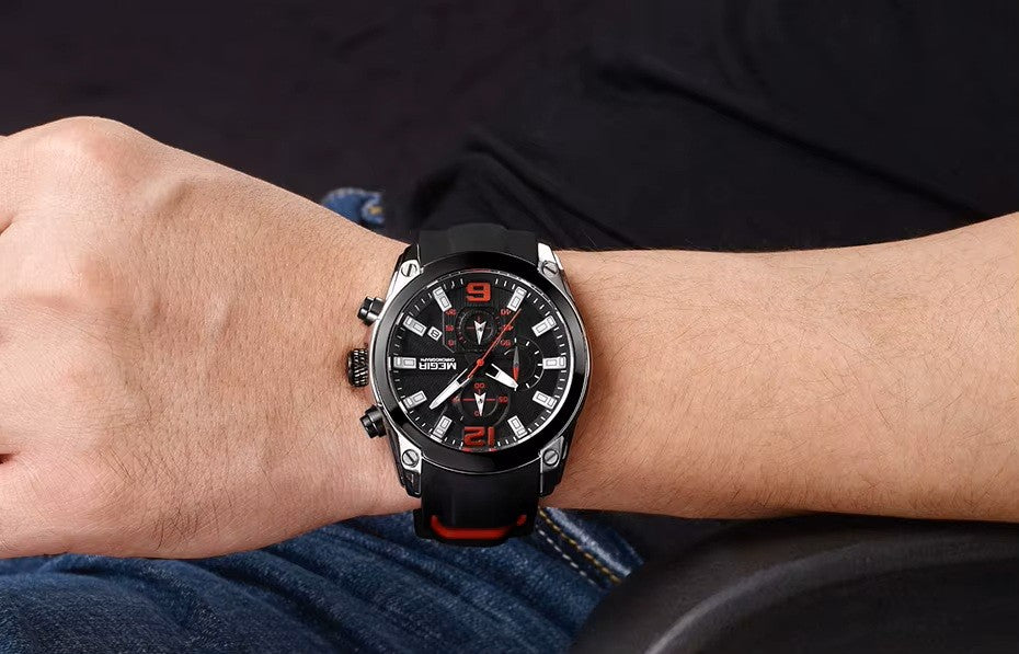 Megir Men's Chronograph Analog Quartz Watch with Date, Luminous Hands, Waterproof Silicone Strap