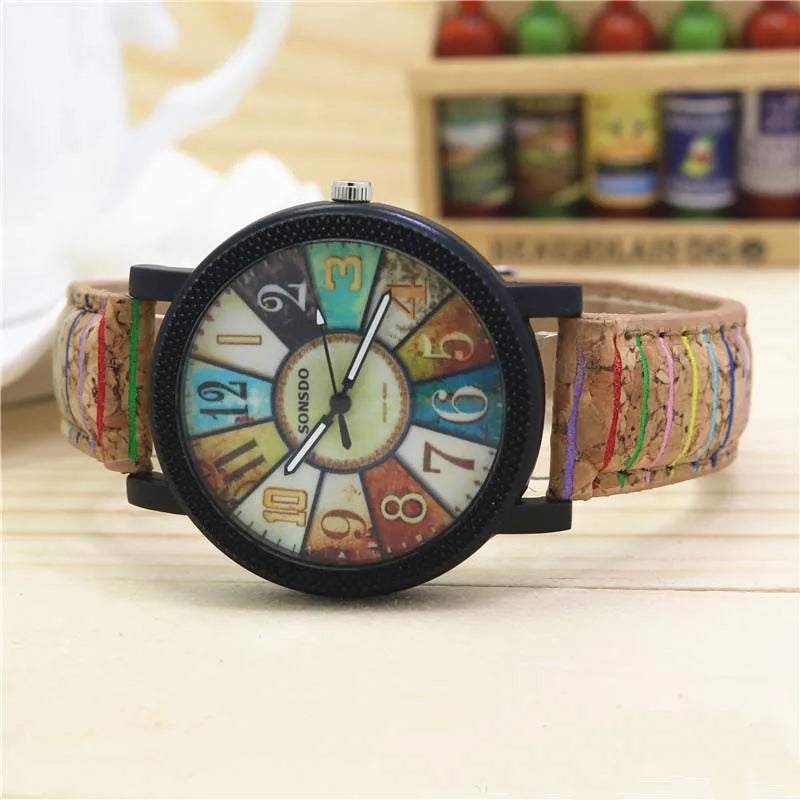 New flower surface wood grain leather Unisex watch quartz