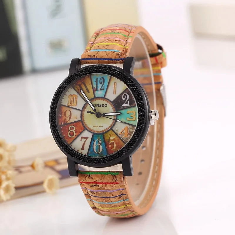 New flower surface wood grain leather Unisex watch quartz