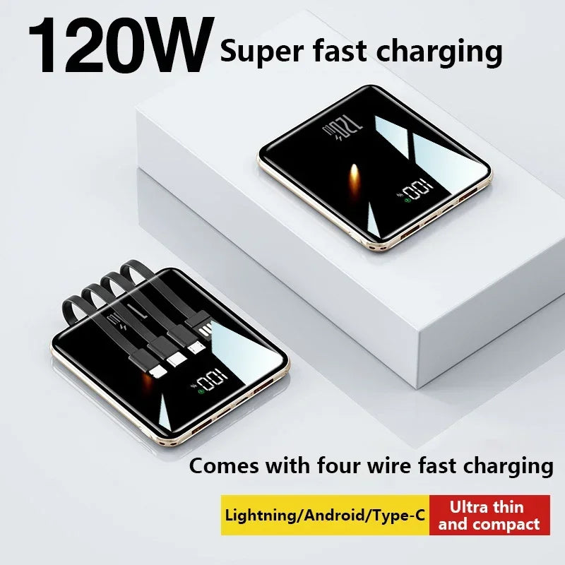 Lenovo 500000mAh Thin Mini Power Bank Large Capacity Super Fast Charging External Battery Built-in 4 Cables for IPhone and Android