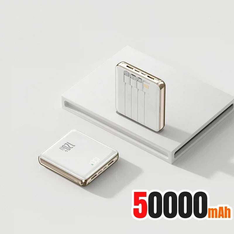 Lenovo 500000mAh Thin Mini Power Bank Large Capacity Super Fast Charging External Battery Built-in 4 Cables for IPhone and Android