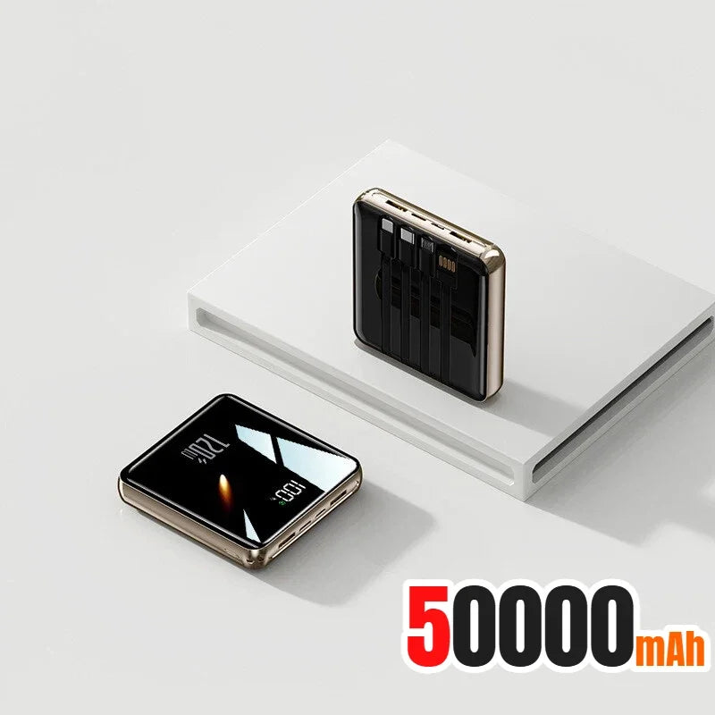 Lenovo 500000mAh Thin Mini Power Bank Large Capacity Super Fast Charging External Battery Built-in 4 Cables for IPhone and Android