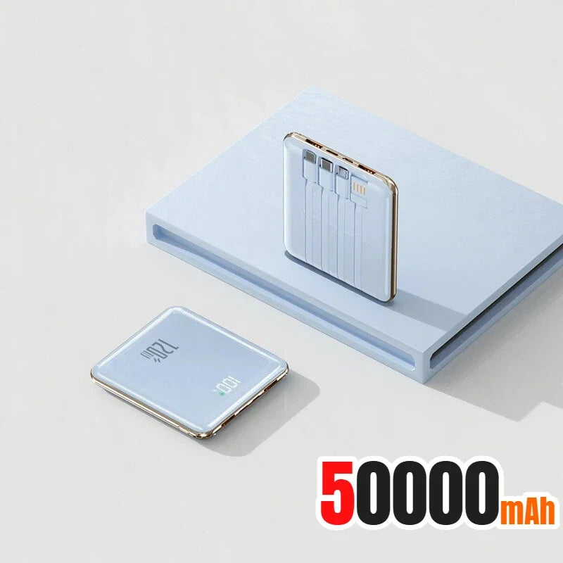 Lenovo 500000mAh Thin Mini Power Bank Large Capacity Super Fast Charging External Battery Built-in 4 Cables for IPhone and Android