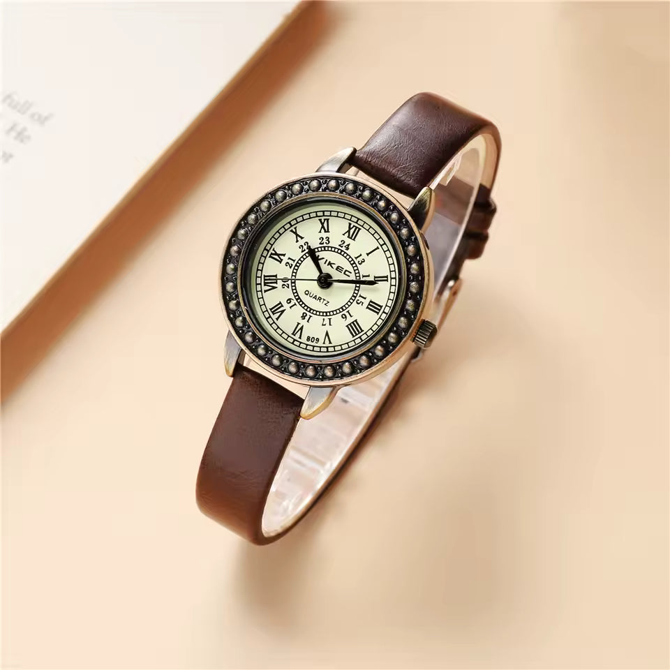 Montre en cuir vintage pour femme, marron, rétro, à quartz Roma