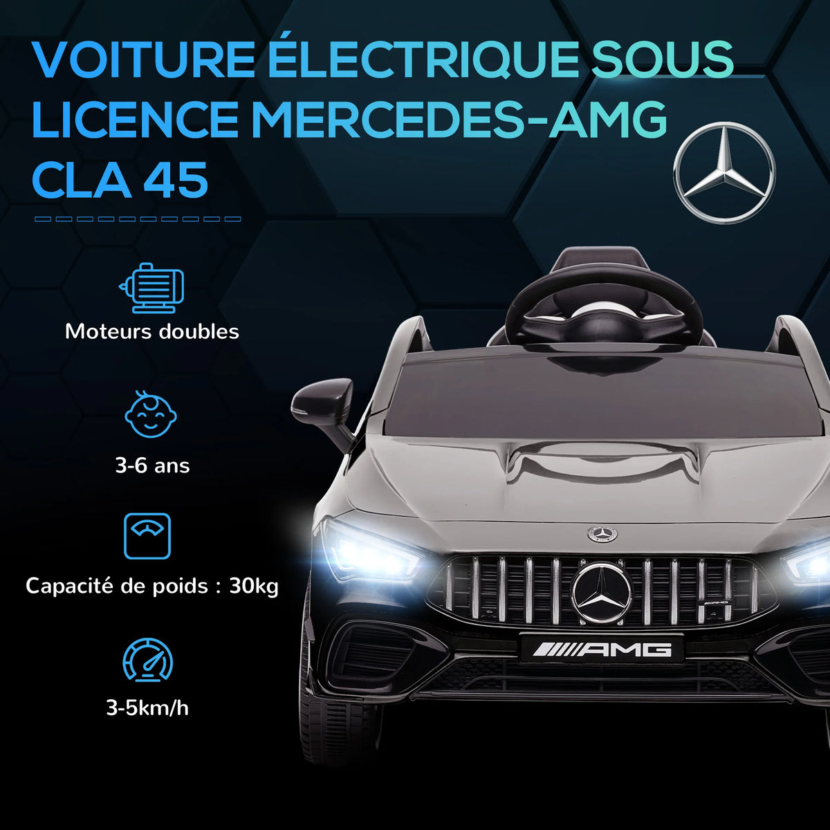 Voiture électrique enfant AIYAPLAY – Mercedes-Benz AMG CLA 45, batterie 12V, 2 moteurs électriques, pour enfants de 3 à 6 ans