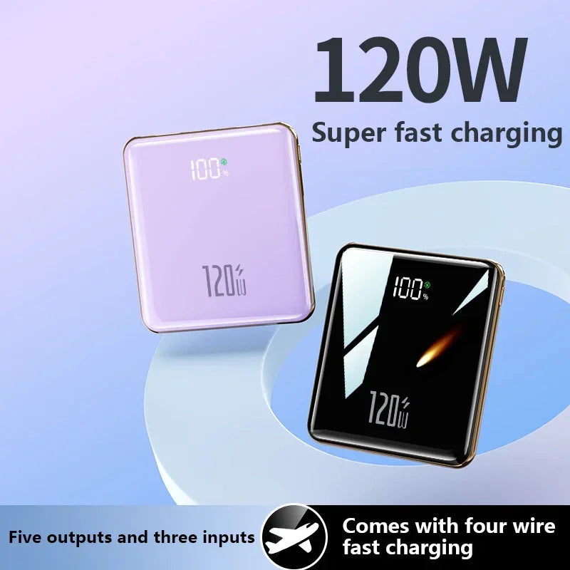 Lenovo 500000mAh Thin Mini Power Bank Large Capacity Super Fast Charging External Battery Built-in 4 Cables for IPhone and Android