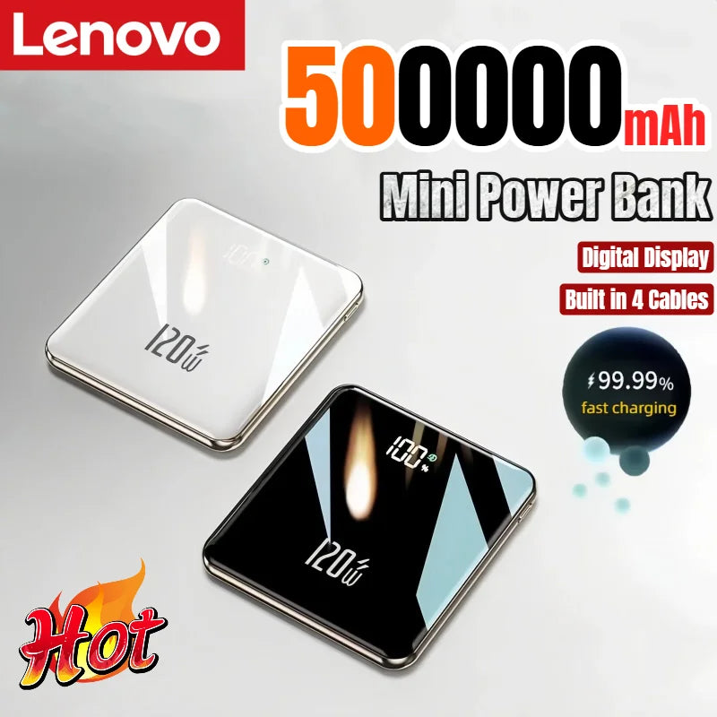 Lenovo 500000mAh Thin Mini Power Bank Large Capacity Super Fast Charging External Battery Built-in 4 Cables for IPhone and Android