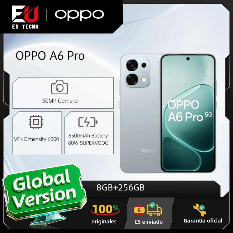 OPPO A6 Pro 5G Version UE Smartphone 8 Go+256 Go, 6500 mAh, MTK Dimensity 6300, AMOLED, Appareil photo principal AI 50 MP IP69