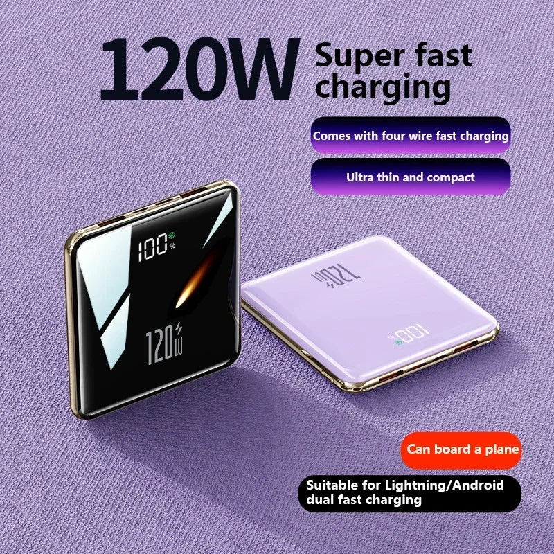 Lenovo 500000mAh Thin Mini Power Bank Large Capacity Super Fast Charging External Battery Built-in 4 Cables for IPhone and Android