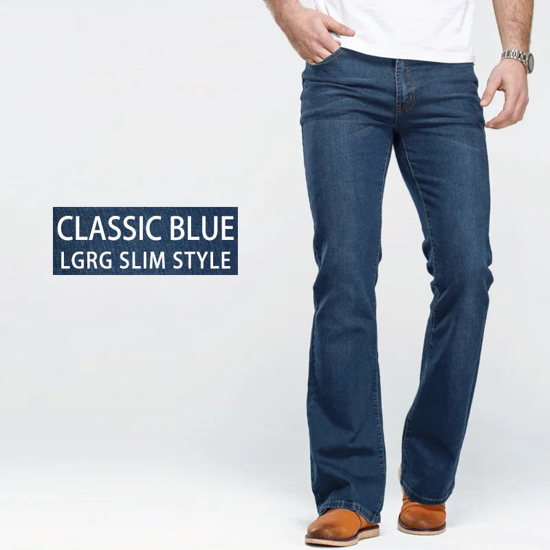 Jean homme coupe bootcut – Légèrement évasé, coupe slim, bleu et noir, pantalon stretch denim classique design