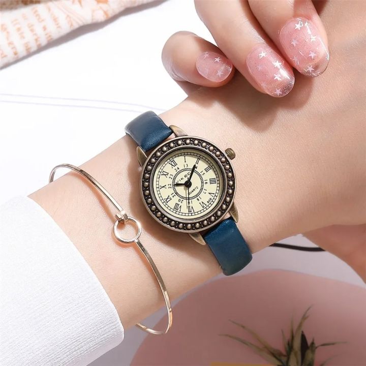Montre en cuir vintage pour femme, marron, rétro, à quartz Roma