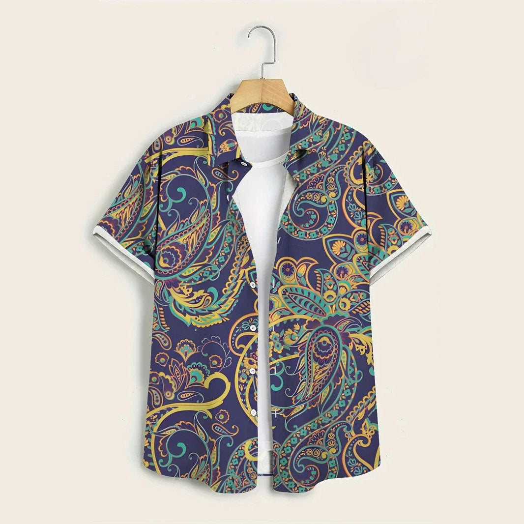 Hawaii Shirts for Men 3D Paisley Graphic Short-sleeved T-shirt Casual Lapel Buttons Male Tops Summer Oversized Bohemian Man Tees