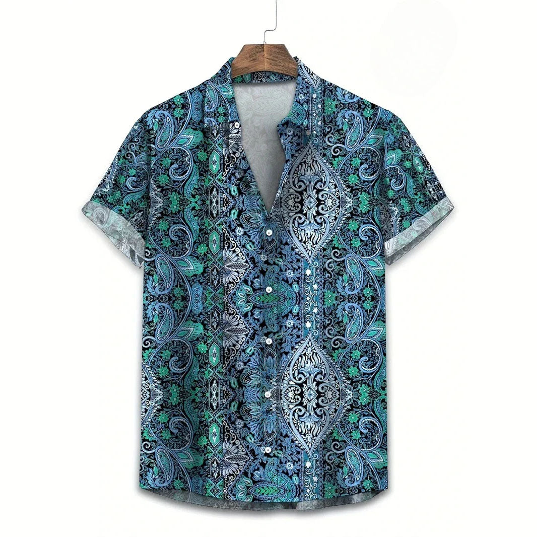 Hawaii Shirts for Men 3D Paisley Graphic Short-sleeved T-shirt Casual Lapel Buttons Male Tops Summer Oversized Bohemian Man Tees