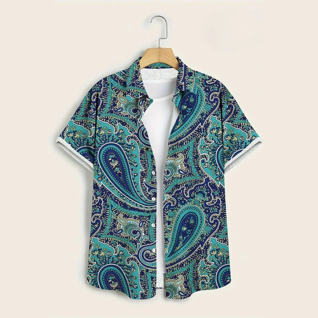 Hawaii Shirts for Men 3D Paisley Graphic Short-sleeved T-shirt Casual Lapel Buttons Male Tops Summer Oversized Bohemian Man Tees