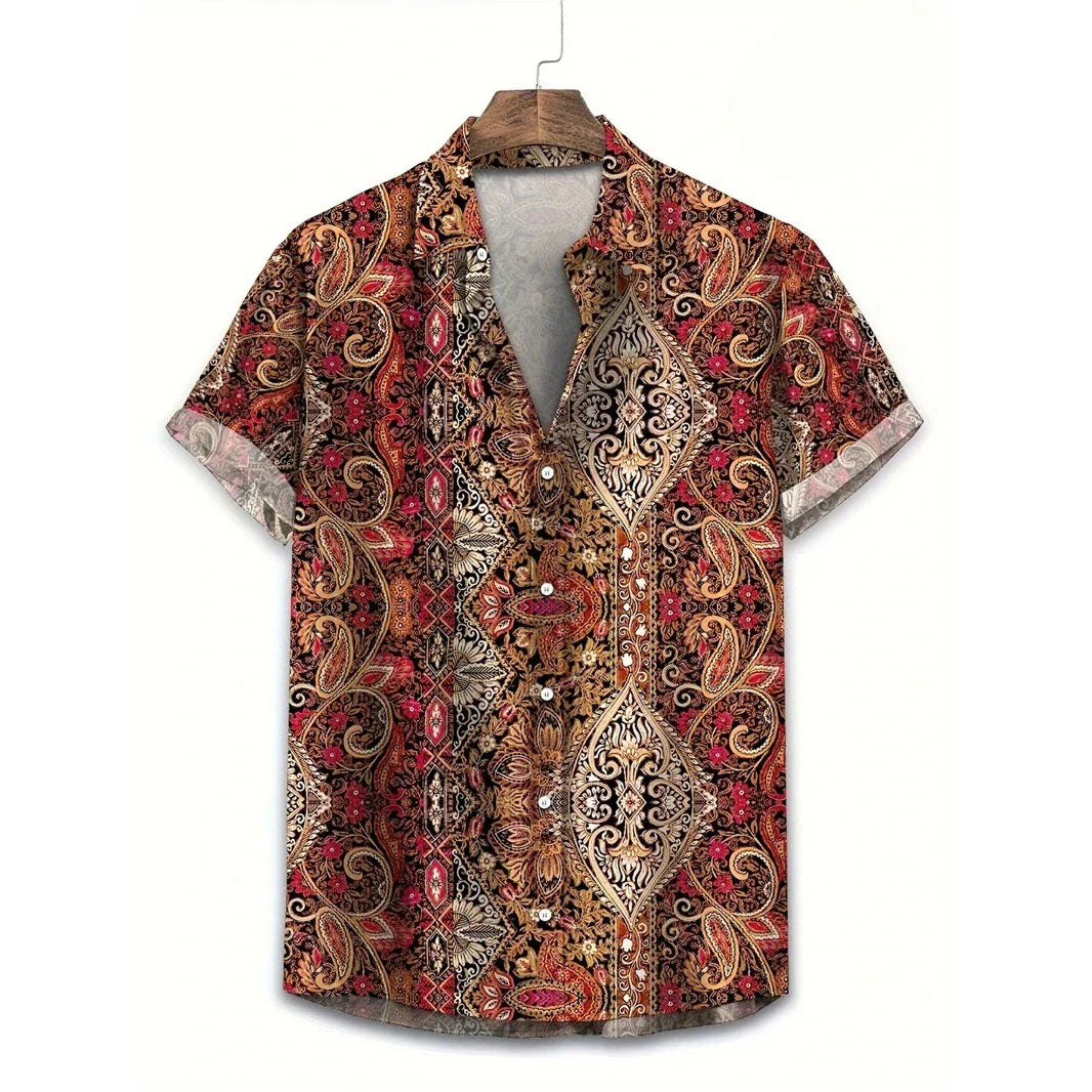 Hawaii Shirts for Men 3D Paisley Graphic Short-sleeved T-shirt Casual Lapel Buttons Male Tops Summer Oversized Bohemian Man Tees